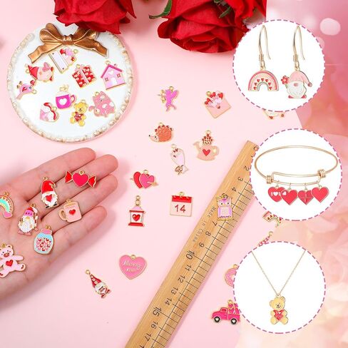 Equsion 300 Pcs Valentines Charms for Jewelry Making Valentine's Day Heart Charms Bulk Enamel Cute Cupid Gnome Rose Pendants for Bracelets Necklaces Earrings DIY Craft Making Love Gifts in Saudi Arabia