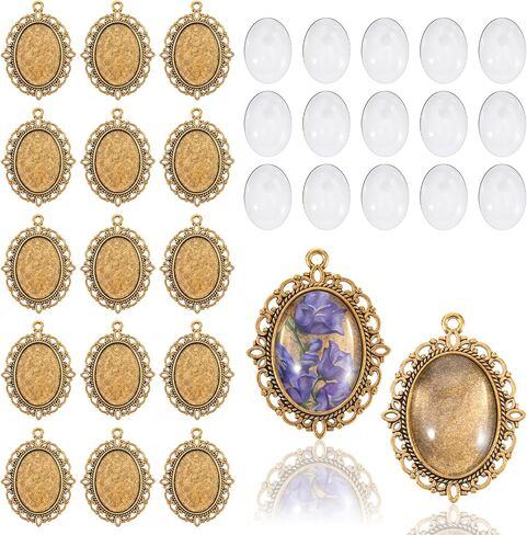 30 Pcs Pendant Tray Kit, 15 Pcs 30 x 40 mm Oval Bezel Blank Pendant Trays Base, 15 Pcs Transparent Glass Cabochons, Cameo Pendants for DIY Bridal Bouquet Photo Pendants Memorial Jewelry Making Necklace in Saudi Arabia