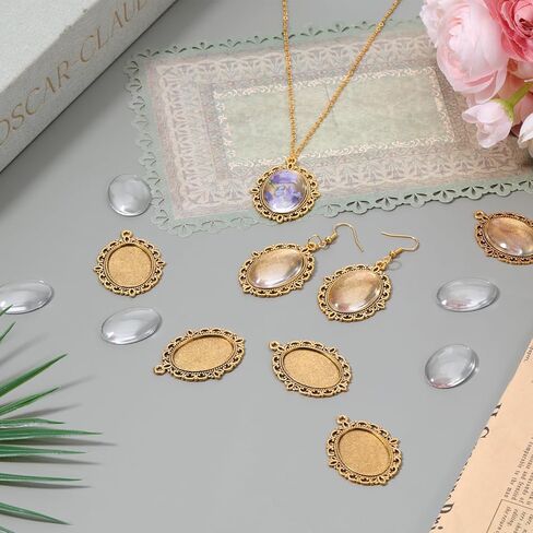 30 Pcs Pendant Tray Kit, 15 Pcs 30 x 40 mm Oval Bezel Blank Pendant Trays Base, 15 Pcs Transparent Glass Cabochons, Cameo Pendants for DIY Bridal Bouquet Photo Pendants Memorial Jewelry Making Necklace in Saudi Arabia