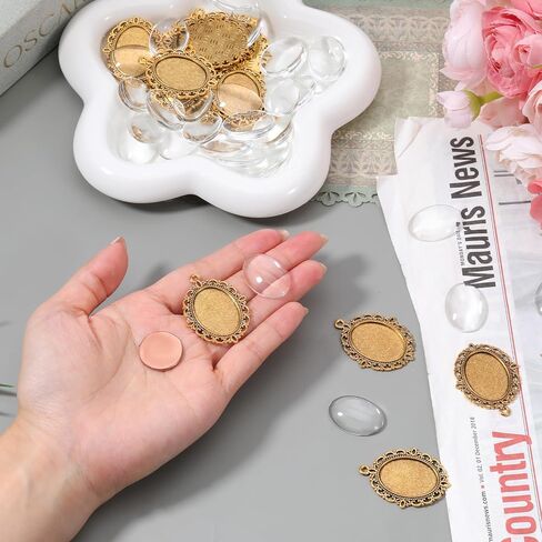 30 Pcs Pendant Tray Kit, 15 Pcs 30 x 40 mm Oval Bezel Blank Pendant Trays Base, 15 Pcs Transparent Glass Cabochons, Cameo Pendants for DIY Bridal Bouquet Photo Pendants Memorial Jewelry Making Necklace in Saudi Arabia