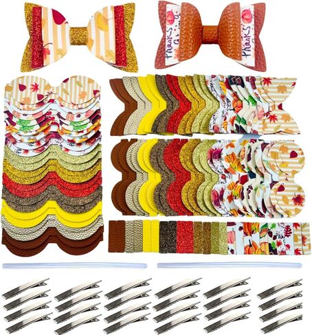 AOUXSEEM 24 Set Faux Leather Hair Bows DIY Making Kit with Pre Cut Pieces and Hair Clips, Make Fashionable Unique Hair Clips for Girls Women (Thanksgiving) in Kuwait
