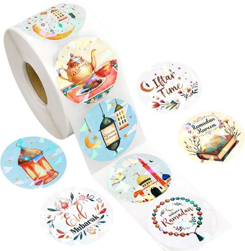 Fancy Land 500Pcs Holographic Eid Stickers Ramadan Kareem Label Eid al-Fitr Perforated Roll Gift Tag Islamic Festival Seals for Scrapbooking Party Favors in Saudi Arabia