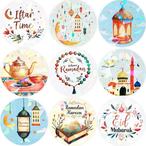 Fancy Land 500Pcs Holographic Eid Stickers Ramadan Kareem Label Eid al-Fitr Perforated Roll Gift Tag Islamic Festival Seals for Scrapbooking Party Favors in Saudi Arabia