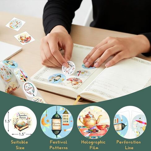 Fancy Land 500Pcs Holographic Eid Stickers Ramadan Kareem Label Eid al-Fitr Perforated Roll Gift Tag Islamic Festival Seals for Scrapbooking Party Favors in Saudi Arabia