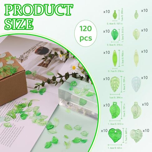 120 Pcs Transparent Green Leaf Beads – Glass & Acrylic Maple Leaves Beads Green Flower Beads for Jewelry Making & DIY Crafts – Tiny Leaf Pendants for Necklace, Bracelet, Earring & Wind Chimes in Kuwait
