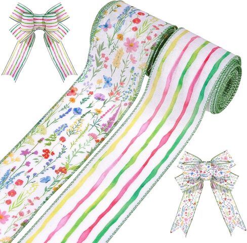 2 Rolls 10 Yards Wildflower Wired Edge Ribbon 2.5 Inch Floral Butterfly Fabric Ribbon Watercolor Stripe Craft Ribbon for Gift Wrapping Bow Wreath Making Spring Wedding Bridal Shower Supplies in Saudi Arabia