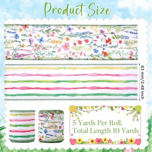 2 Rolls 10 Yards Wildflower Wired Edge Ribbon 2.5 Inch Floral Butterfly Fabric Ribbon Watercolor Stripe Craft Ribbon for Gift Wrapping Bow Wreath Making Spring Wedding Bridal Shower Supplies in Saudi Arabia