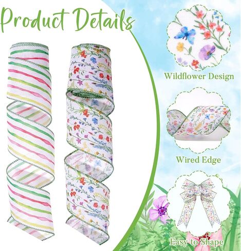 2 Rolls 10 Yards Wildflower Wired Edge Ribbon 2.5 Inch Floral Butterfly Fabric Ribbon Watercolor Stripe Craft Ribbon for Gift Wrapping Bow Wreath Making Spring Wedding Bridal Shower Supplies in Saudi Arabia