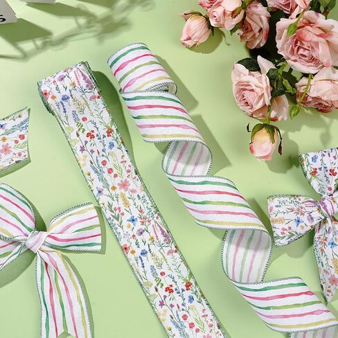 2 Rolls 10 Yards Wildflower Wired Edge Ribbon 2.5 Inch Floral Butterfly Fabric Ribbon Watercolor Stripe Craft Ribbon for Gift Wrapping Bow Wreath Making Spring Wedding Bridal Shower Supplies in Saudi Arabia