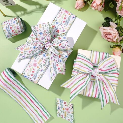 2 Rolls 10 Yards Wildflower Wired Edge Ribbon 2.5 Inch Floral Butterfly Fabric Ribbon Watercolor Stripe Craft Ribbon for Gift Wrapping Bow Wreath Making Spring Wedding Bridal Shower Supplies in Saudi Arabia