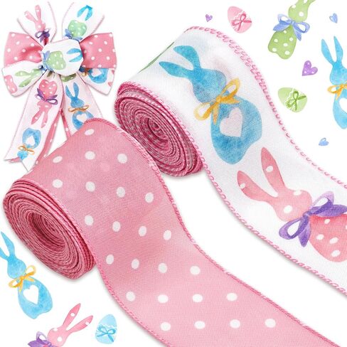 Whaline Easter Wired Edge Ribbon 2.5 Inch Pink Dot Colorful Bow Bunny Rabbit Fabric Wrapping Ribbon for DIY Crafts Wreath Bow Making, 2 Rolls, 20 Yard in Saudi Arabia