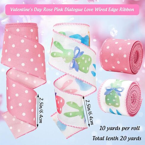 Whaline Easter Wired Edge Ribbon 2.5 Inch Pink Dot Colorful Bow Bunny Rabbit Fabric Wrapping Ribbon for DIY Crafts Wreath Bow Making, 2 Rolls, 20 Yard in Saudi Arabia