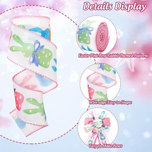 Whaline Easter Wired Edge Ribbon 2.5 Inch Pink Dot Colorful Bow Bunny Rabbit Fabric Wrapping Ribbon for DIY Crafts Wreath Bow Making, 2 Rolls, 20 Yard in Saudi Arabia