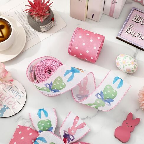 Whaline Easter Wired Edge Ribbon 2.5 Inch Pink Dot Colorful Bow Bunny Rabbit Fabric Wrapping Ribbon for DIY Crafts Wreath Bow Making, 2 Rolls, 20 Yard in Saudi Arabia