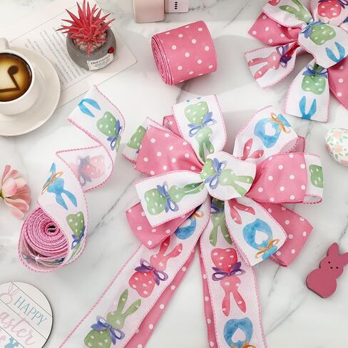 Whaline Easter Wired Edge Ribbon 2.5 Inch Pink Dot Colorful Bow Bunny Rabbit Fabric Wrapping Ribbon for DIY Crafts Wreath Bow Making, 2 Rolls, 20 Yard in Saudi Arabia