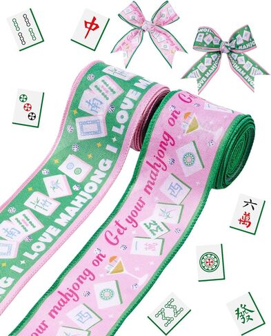 2 Rolls Mahjong Wired Edge Ribbon 2.5 Inch 10 Yards Mahjong Party Decorations Pink and Green Mahjong Theme Ribbon with Tiles, Cocktail & Dice for Game Night Decor, Gift Wrap, DIY Crafts in Saudi Arabia