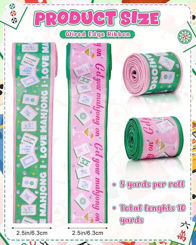 2 Rolls Mahjong Wired Edge Ribbon 2.5 Inch 10 Yards Mahjong Party Decorations Pink and Green Mahjong Theme Ribbon with Tiles, Cocktail & Dice for Game Night Decor, Gift Wrap, DIY Crafts in Saudi Arabia