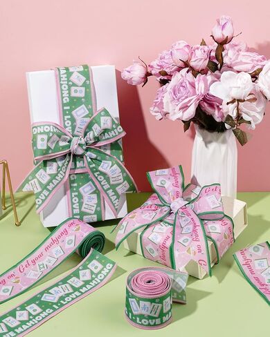 2 Rolls Mahjong Wired Edge Ribbon 2.5 Inch 10 Yards Mahjong Party Decorations Pink and Green Mahjong Theme Ribbon with Tiles, Cocktail & Dice for Game Night Decor, Gift Wrap, DIY Crafts in Saudi Arabia