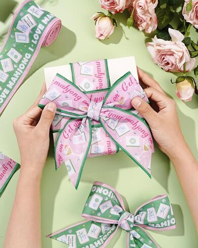 2 Rolls Mahjong Wired Edge Ribbon 2.5 Inch 10 Yards Mahjong Party Decorations Pink and Green Mahjong Theme Ribbon with Tiles, Cocktail & Dice for Game Night Decor, Gift Wrap, DIY Crafts in Saudi Arabia