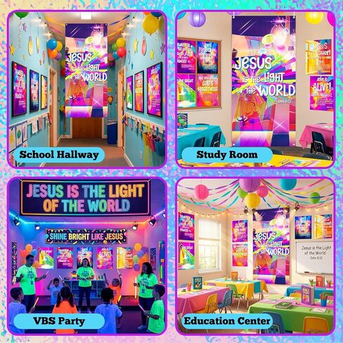 wearage 7 قطع vbs زينة كبيرة غطاء باب يسوع 6 ملصقات نيون الكتاب المقدس vbs يسوع منارة باب ديكور ملصقات لوحة الإعلانات المسيحية للصيف مهنة الكنيسة المدرسة الفصول الدراسية in Kuwait