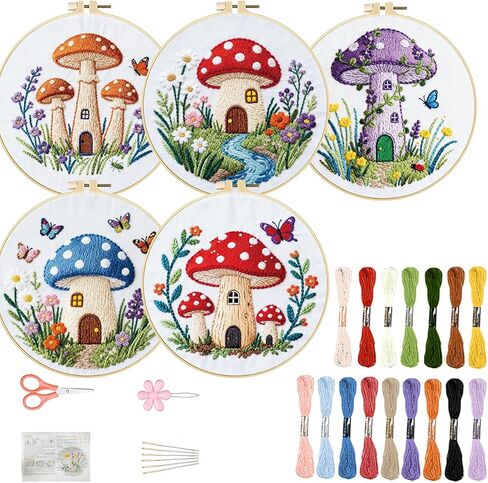 FREEBLOSS 5 Set Embroidery Kit Mushroom Pattern Stamped Embroidery Starter Kit with Step by Step Instructions, Colored Threads, 2 Hoops, Needlepoint Kits for Hand Craft Lovers Gift, 30cm/11.8inch in Saudi Arabia