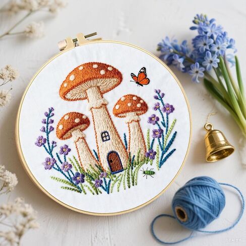FREEBLOSS 5 Set Embroidery Kit Mushroom Pattern Stamped Embroidery Starter Kit with Step by Step Instructions, Colored Threads, 2 Hoops, Needlepoint Kits for Hand Craft Lovers Gift, 30cm/11.8inch in Saudi Arabia