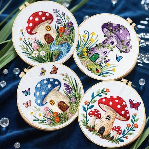 FREEBLOSS 5 Set Embroidery Kit Mushroom Pattern Stamped Embroidery Starter Kit with Step by Step Instructions, Colored Threads, 2 Hoops, Needlepoint Kits for Hand Craft Lovers Gift, 30cm/11.8inch in Saudi Arabia