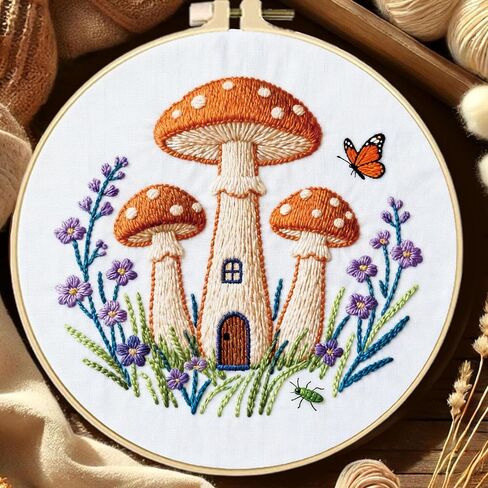 FREEBLOSS 5 Set Embroidery Kit Mushroom Pattern Stamped Embroidery Starter Kit with Step by Step Instructions, Colored Threads, 2 Hoops, Needlepoint Kits for Hand Craft Lovers Gift, 30cm/11.8inch in Saudi Arabia