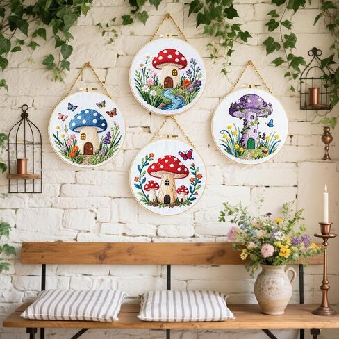 FREEBLOSS 5 Set Embroidery Kit Mushroom Pattern Stamped Embroidery Starter Kit with Step by Step Instructions, Colored Threads, 2 Hoops, Needlepoint Kits for Hand Craft Lovers Gift, 30cm/11.8inch in Saudi Arabia