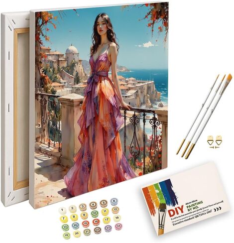 Fashion Scene Paint by Numbers Kit for Adults - DIY Woman in Vibrant Dress Overlooking Coastal Town Painting on Canvas 12X16IN framed, Acrylic Paint Set for Beginners, Art for Home Decoration/Gifts in Saudi Arabia