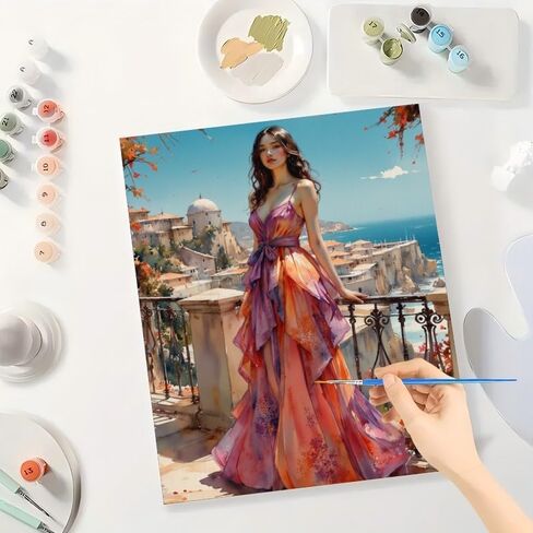 Fashion Scene Paint by Numbers Kit for Adults - DIY Woman in Vibrant Dress Overlooking Coastal Town Painting on Canvas 12X16IN framed, Acrylic Paint Set for Beginners, Art for Home Decoration/Gifts in Saudi Arabia