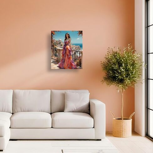 Fashion Scene Paint by Numbers Kit for Adults - DIY Woman in Vibrant Dress Overlooking Coastal Town Painting on Canvas 12X16IN framed, Acrylic Paint Set for Beginners, Art for Home Decoration/Gifts in Saudi Arabia