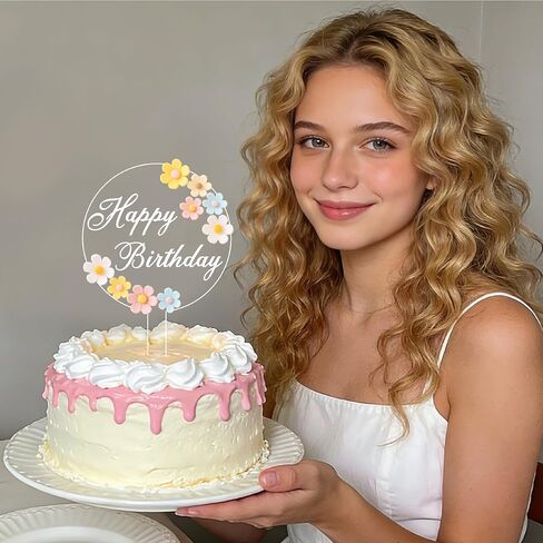 Coucoland Birthday Cake Toppers - 3D Vintage Daisy Flower Acrylic Cake Decorations for Birthday Wedding Baby Shower Supplies in Saudi Arabia