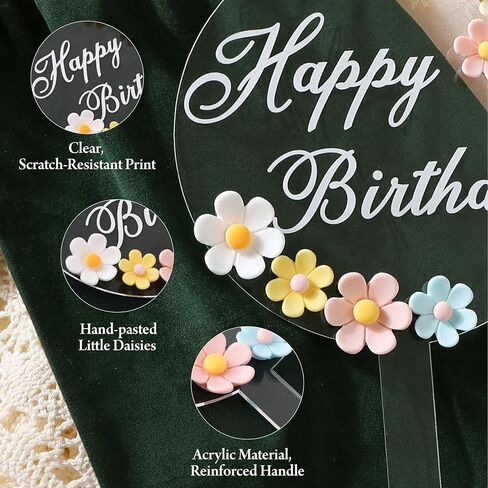 Coucoland Birthday Cake Toppers - 3D Vintage Daisy Flower Acrylic Cake Decorations for Birthday Wedding Baby Shower Supplies in Saudi Arabia
