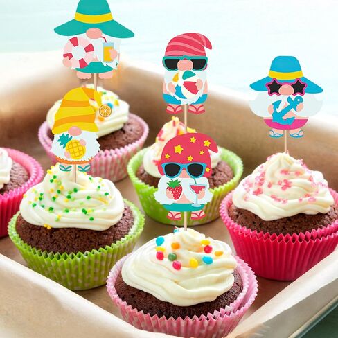 32Pcs Summer Gnome Cupcake Toppers, Hawaiian Pool Party Cupcake Toppers Picks, Cake Decorations for Summer Birthday Tropical Luau Hawaiian Party Supplies in Kuwait