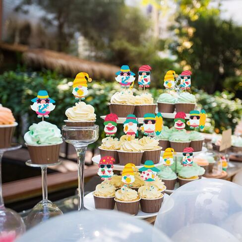 32Pcs Summer Gnome Cupcake Toppers, Hawaiian Pool Party Cupcake Toppers Picks, Cake Decorations for Summer Birthday Tropical Luau Hawaiian Party Supplies in Kuwait