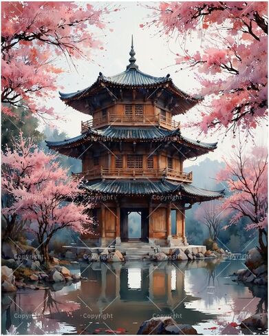 Cultural Paint by Numbers Kit for Adults - DIY Japanese Pavilion and Blossoms Painting on Canvas 16x20 Inches, Acrylic Paint Set, Suitable for Beginners, Art for Home Decoration or Gifts in Saudi Arabia