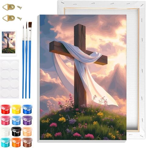 GHHKUD Cross Paint by Numbers Kits for Adults with Frame, DIY Paint by Colors Adults Kids Easter, Framed Painting Numbers on Canvas Gifts for Home Decor 20x30cm in Saudi Arabia