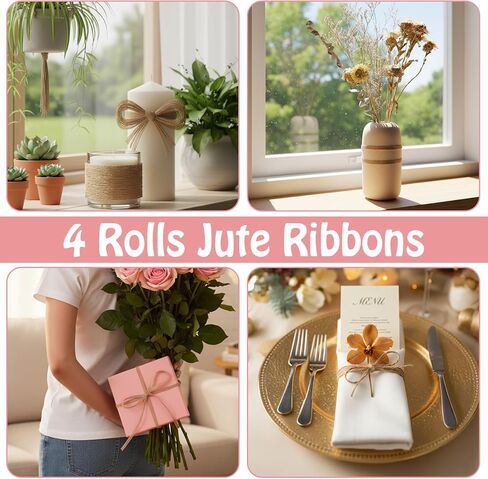 1/4 Inch Natural Burlap Ribbon Jute Ribbon, 4 Rolls Brown Fabric Craft Ribbons for Wrapping Wedding Big Bow, Event Party Home Bows Crafts Decoration and DIY Craft in Saudi Arabia