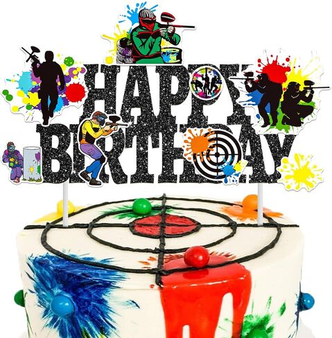 Paintball Birthday Cake Topper Glitter Black Paintball Birthday Party Decorations Paintball Themed Splatter Splash Cake Picks Decor for Paint Ball Shooting Game Sport Party Supplies in Saudi Arabia