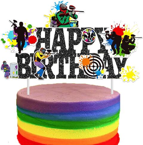 Paintball Birthday Cake Topper Glitter Black Paintball Birthday Party Decorations Paintball Themed Splatter Splash Cake Picks Decor for Paint Ball Shooting Game Sport Party Supplies in Saudi Arabia