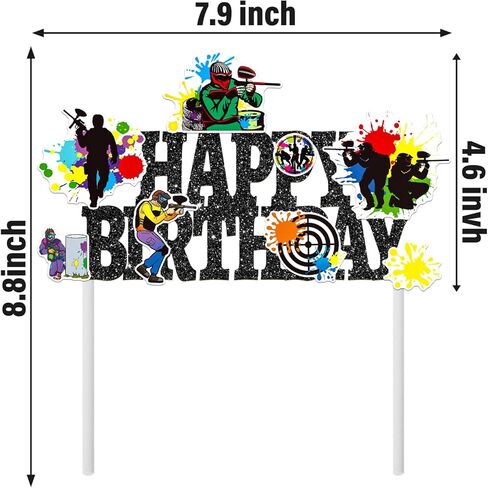 Paintball Birthday Cake Topper Glitter Black Paintball Birthday Party Decorations Paintball Themed Splatter Splash Cake Picks Decor for Paint Ball Shooting Game Sport Party Supplies in Saudi Arabia