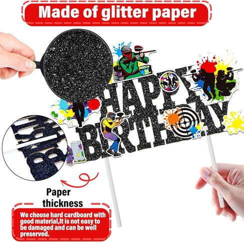Paintball Birthday Cake Topper Glitter Black Paintball Birthday Party Decorations Paintball Themed Splatter Splash Cake Picks Decor for Paint Ball Shooting Game Sport Party Supplies in Saudi Arabia