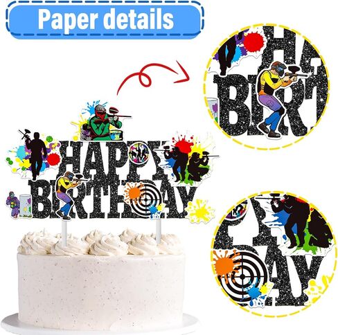 Paintball Birthday Cake Topper Glitter Black Paintball Birthday Party Decorations Paintball Themed Splatter Splash Cake Picks Decor for Paint Ball Shooting Game Sport Party Supplies in Saudi Arabia