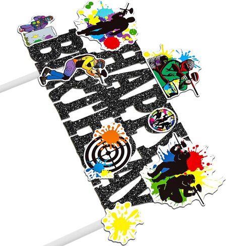 Paintball Birthday Cake Topper Glitter Black Paintball Birthday Party Decorations Paintball Themed Splatter Splash Cake Picks Decor for Paint Ball Shooting Game Sport Party Supplies in Saudi Arabia