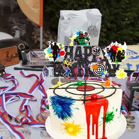 Paintball Birthday Cake Topper Glitter Black Paintball Birthday Party Decorations Paintball Themed Splatter Splash Cake Picks Decor for Paint Ball Shooting Game Sport Party Supplies in Saudi Arabia