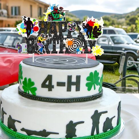 Paintball Birthday Cake Topper Glitter Black Paintball Birthday Party Decorations Paintball Themed Splatter Splash Cake Picks Decor for Paint Ball Shooting Game Sport Party Supplies in Saudi Arabia