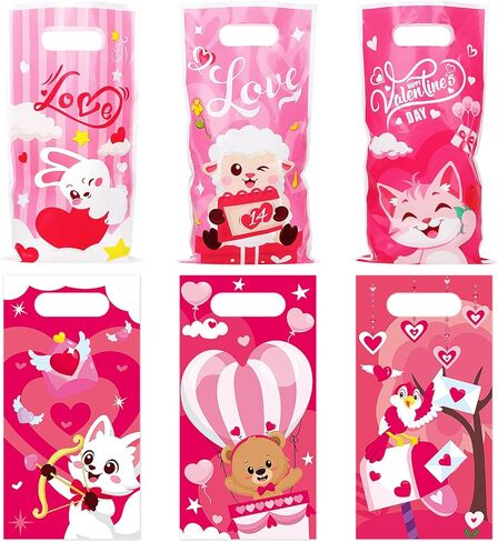 CCINEE 48 Pcs Valentine's Day Treat Bags with Handle, Cute Plastic Candy Bags in 6 Pink Cartoon Design for Valentine Party Favor Supplies Gift Goodie Bag Container in Saudi Arabia