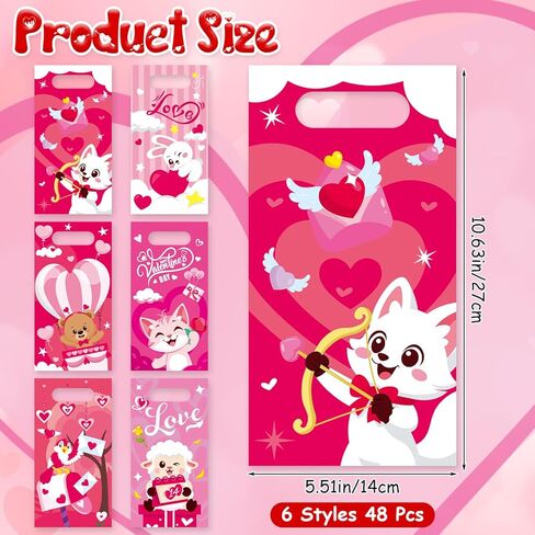 CCINEE 48 Pcs Valentine's Day Treat Bags with Handle, Cute Plastic Candy Bags in 6 Pink Cartoon Design for Valentine Party Favor Supplies Gift Goodie Bag Container in Saudi Arabia