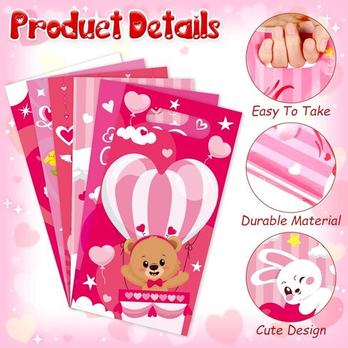CCINEE 48 Pcs Valentine's Day Treat Bags with Handle, Cute Plastic Candy Bags in 6 Pink Cartoon Design for Valentine Party Favor Supplies Gift Goodie Bag Container in Saudi Arabia